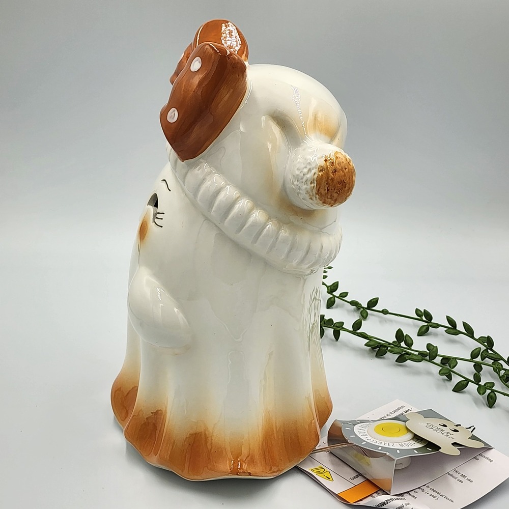 Goblin & Ghoul Ceramic Light Up Ghost Figurine White Brown Bow Halloween 10" NEW - Picture 4 of 9